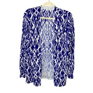 Chicos Blue White Ikat Open Front Cardigan Knit Sweater Long Sleeve Size M